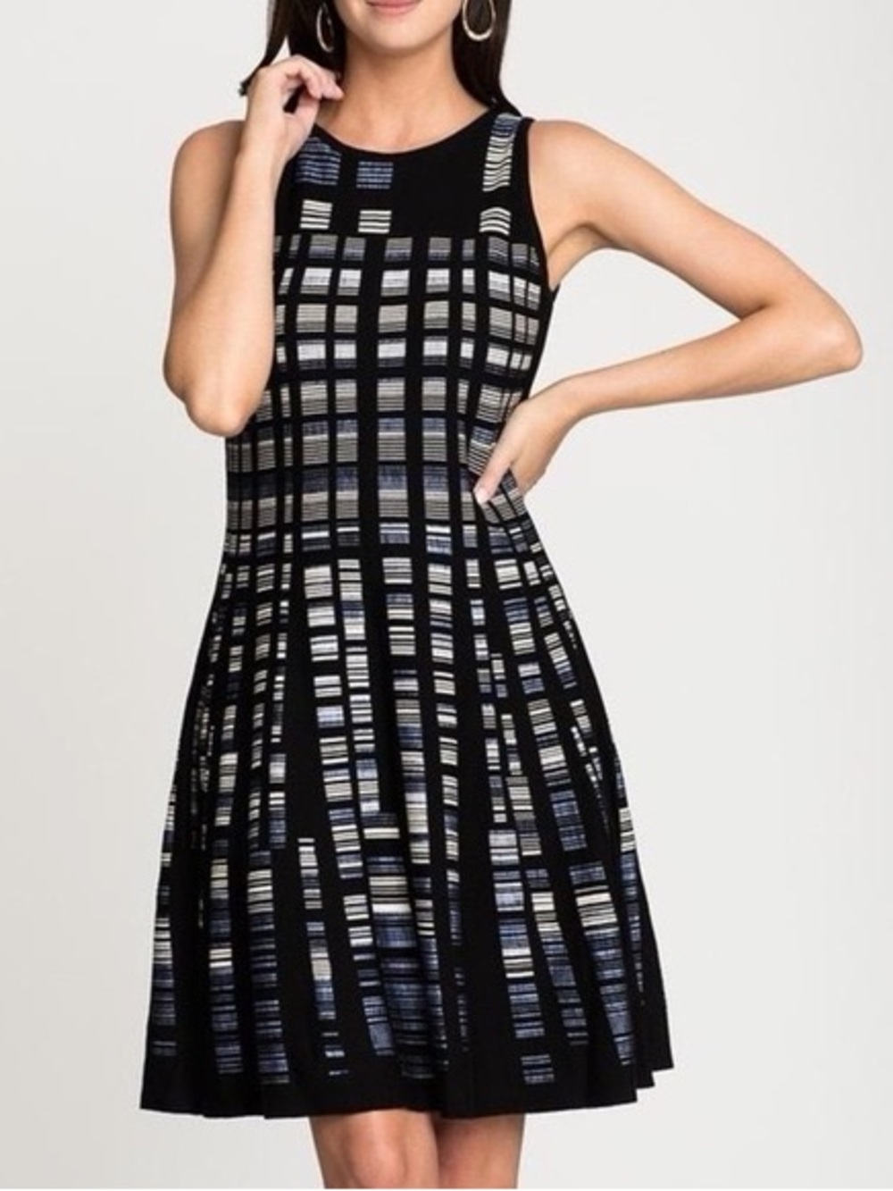 NIC+ZOE Black Grid-Striped Sleeveless A-Line Dress